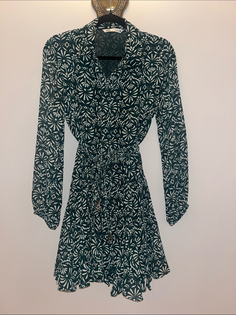 Zara Green and White Printed Midi Wrap Dress